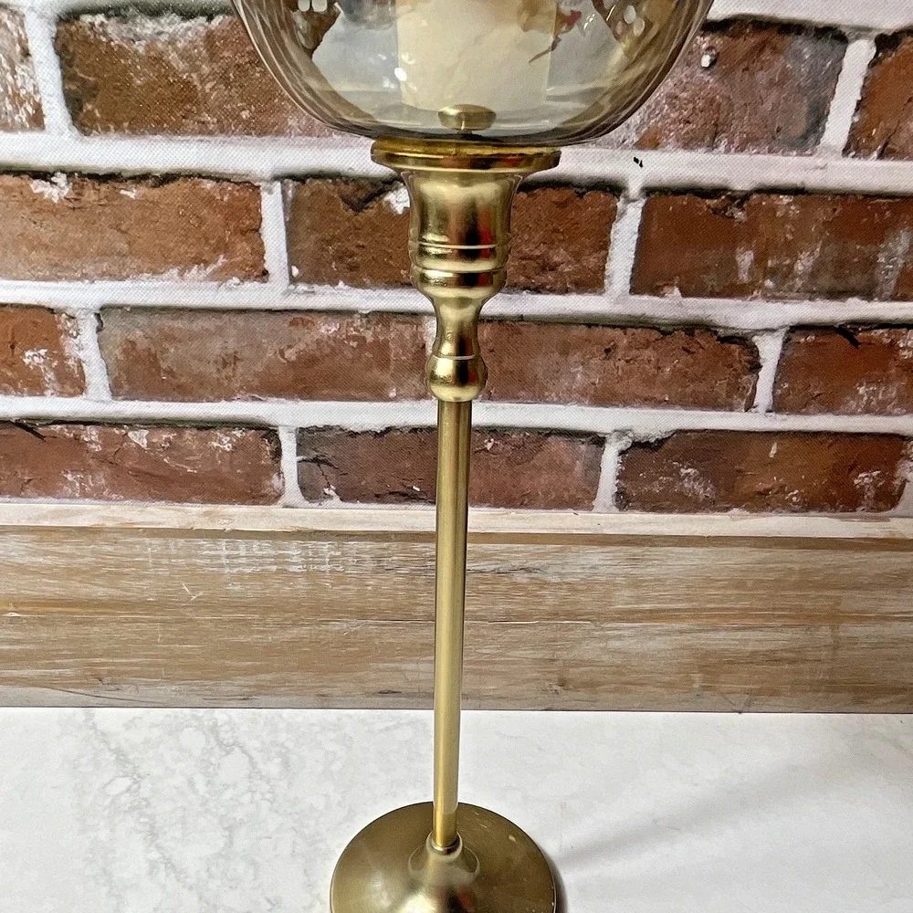 Gold Metal Clear Glass Floral Rhinestone Rim Pedestal Globe Hurricane Holder